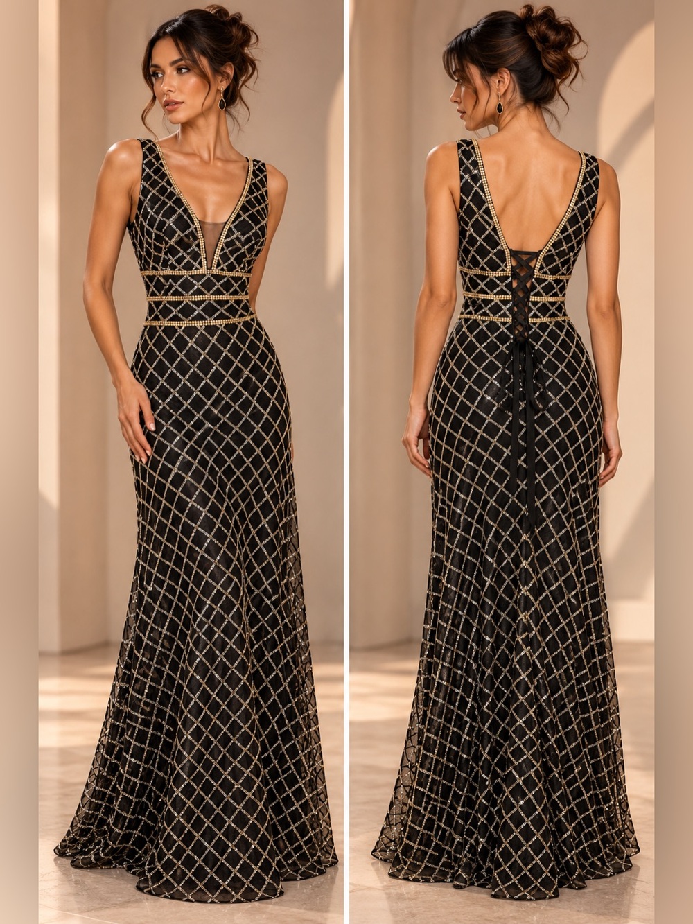 Ricarica Black Silver Rhinestone Grid Deep V Neck Mesh Prom Formal Gown M